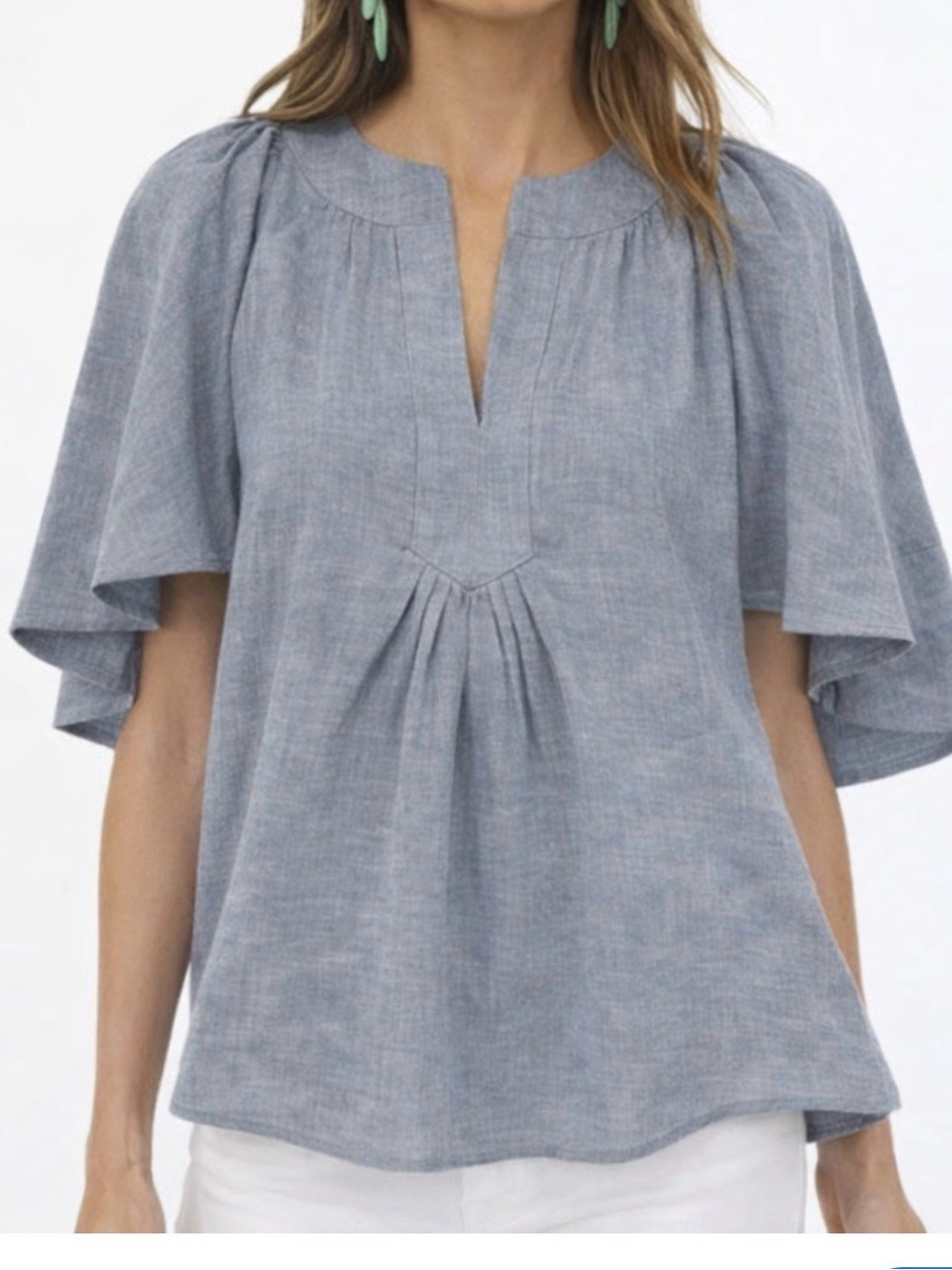 Tuckernuck Light Blue Chambray Split-Neck Flutter Sleeve Blouse